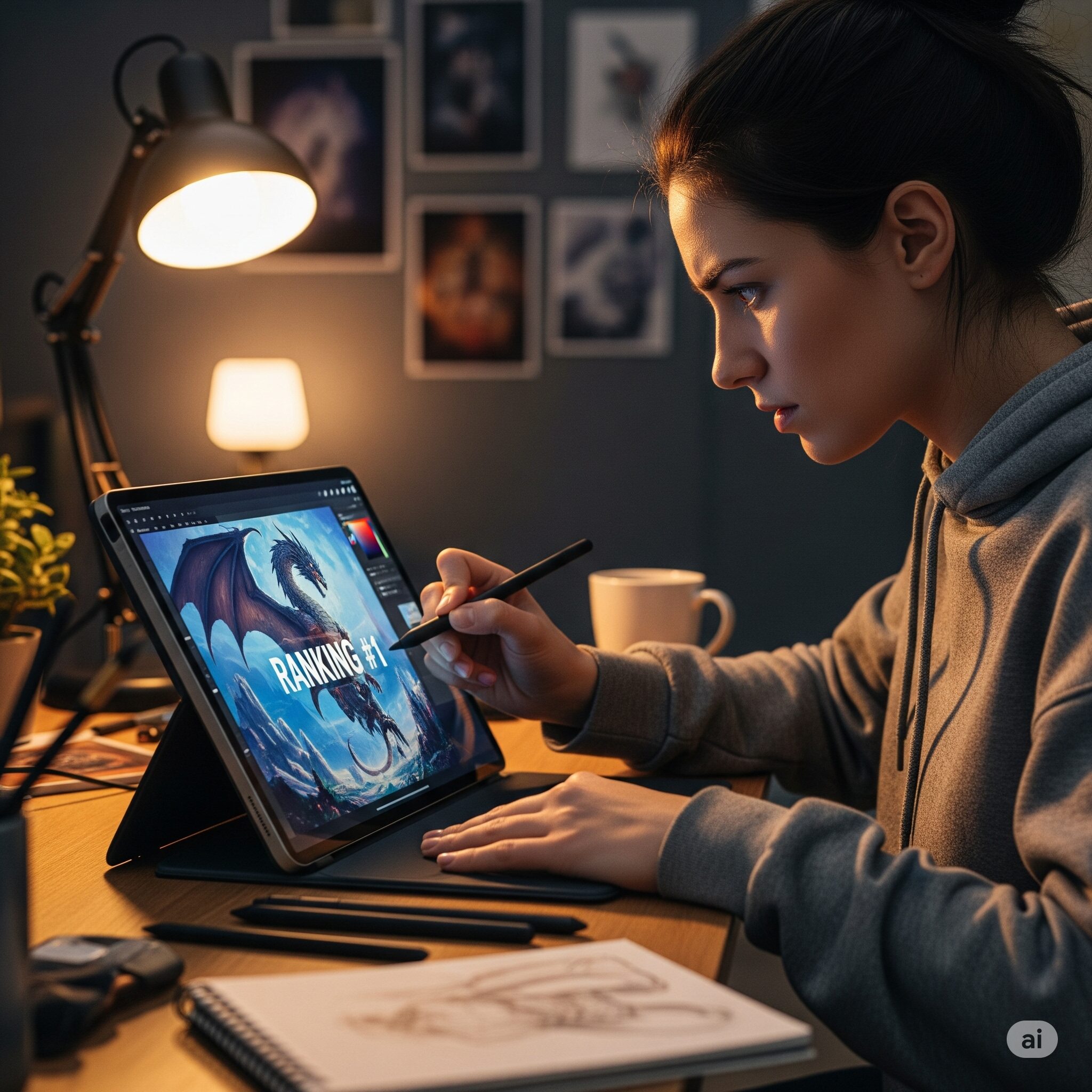 ランキング1位を目指してタブレットで絵を描いている人の写真