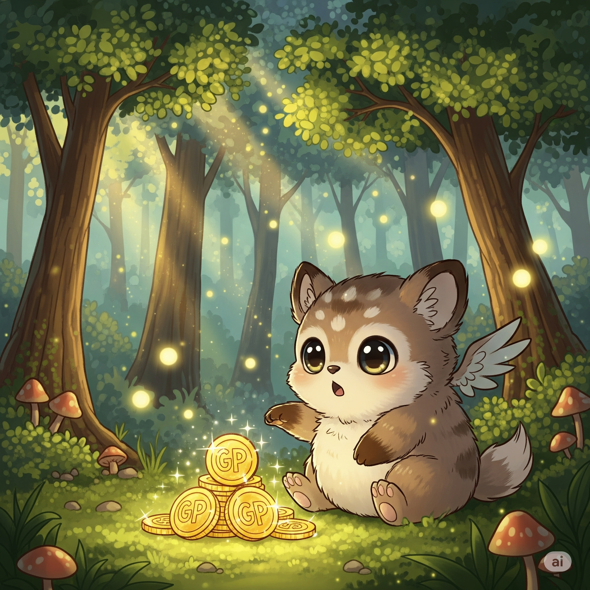 リヴリーアイランドのかわいいキャラクターが、ゲーム内通貨であるGP（ゴールドポイント）のコインを嬉しそうに眺めている、物語風のイラスト