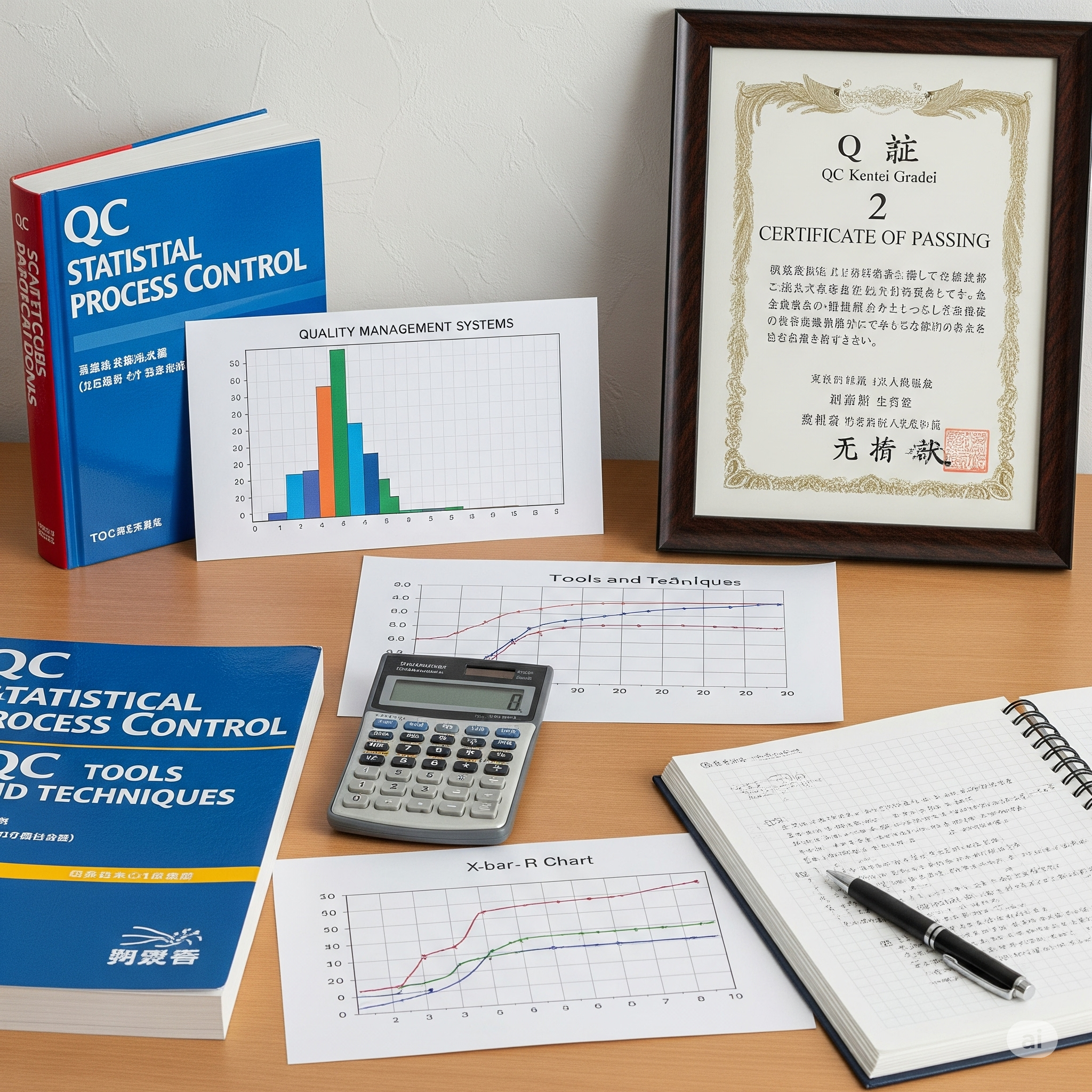 QC検定2級に合格するための勉強法を解説する記事のアイキャッチ画像。机の上には参考書や電卓、ヒストグラムや管理図などのグラフが置かれ、背景には「品質管理検定2級合格証」が飾られている。