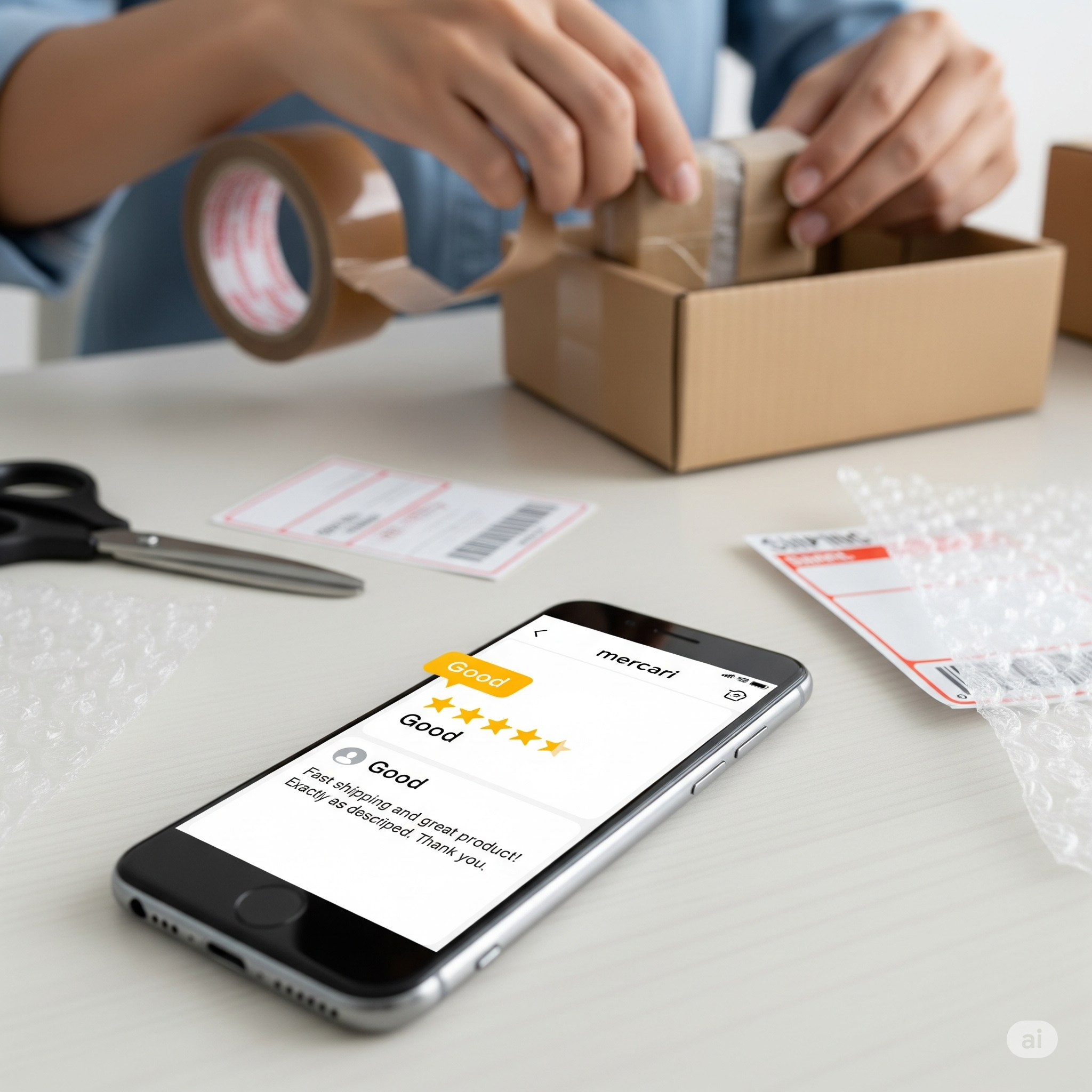 メルカリで「良い」評価をもらうための裏ワザを解説する記事のアイキャッチ画像。スマートフォンのメルカリアプリ画面に「良い」評価が表示されている。