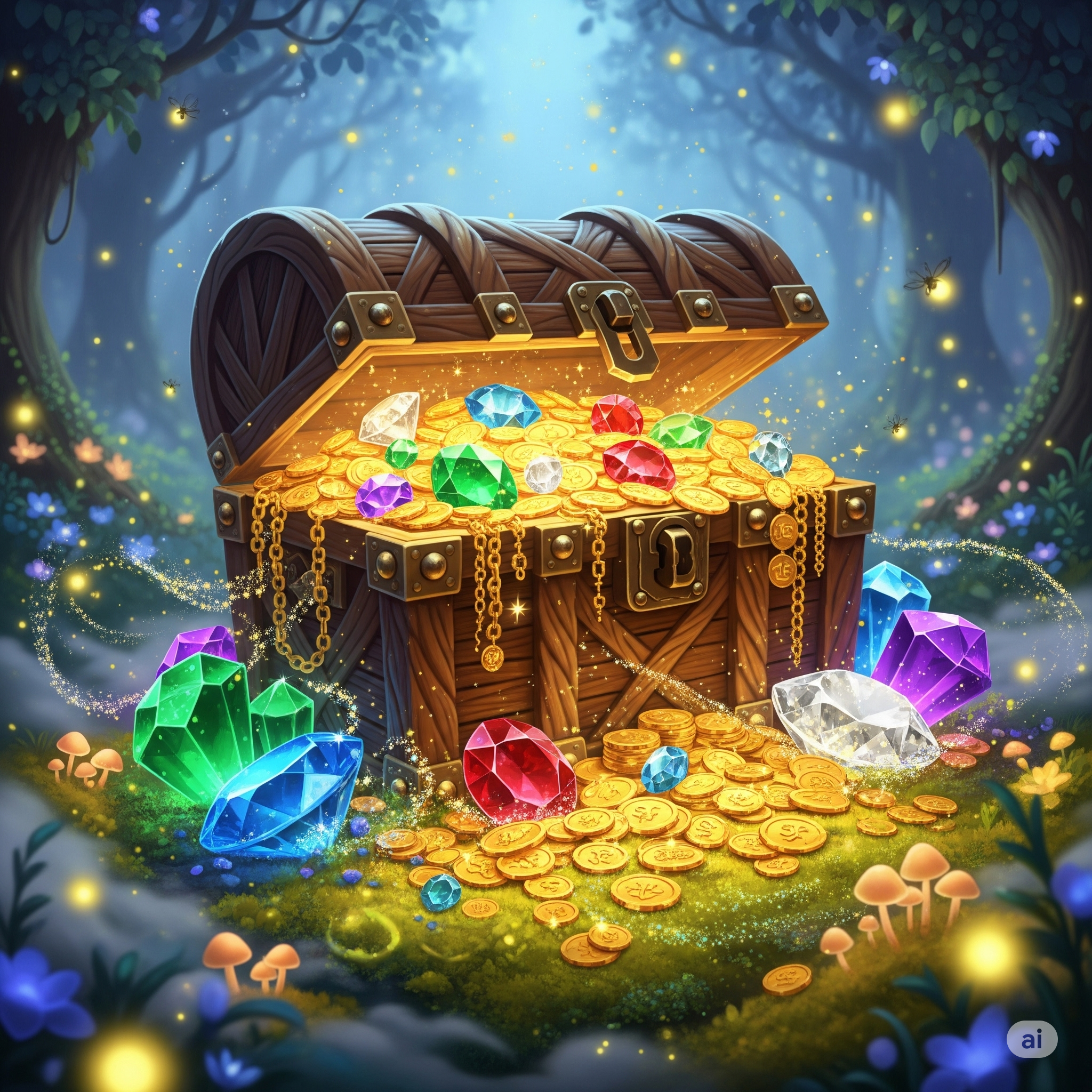 リヴリーアイランドのGP（ゲーム内通貨）を効率的に稼ぐ方法を象_徴する、輝くコインでいっぱいの宝箱の画像