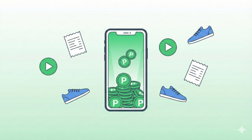 スマホでLINEポイントが効率よく貯まっていくイメージイラスト。レシート撮影や動画視聴などの裏技手法を表現。