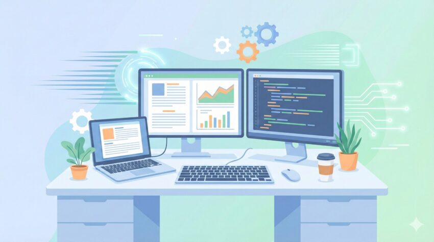 デュアルモニタとノートPCが置かれた整理整頓された学習机。デジタルツールやAIを活用して効率的にレポートに取り組む様子をイメージしたイラスト