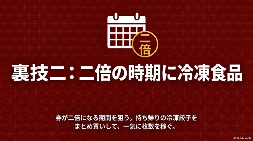 裏技二:サービス券が二倍になる期間に冷凍餃子をまとめ買いする