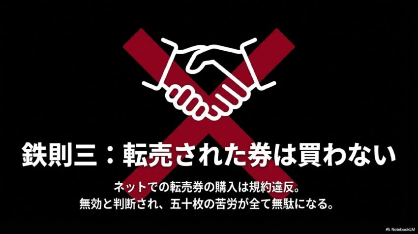 鉄則三:ネットでの転売券購入は規約違反であり五十枚の苦労が無駄になる